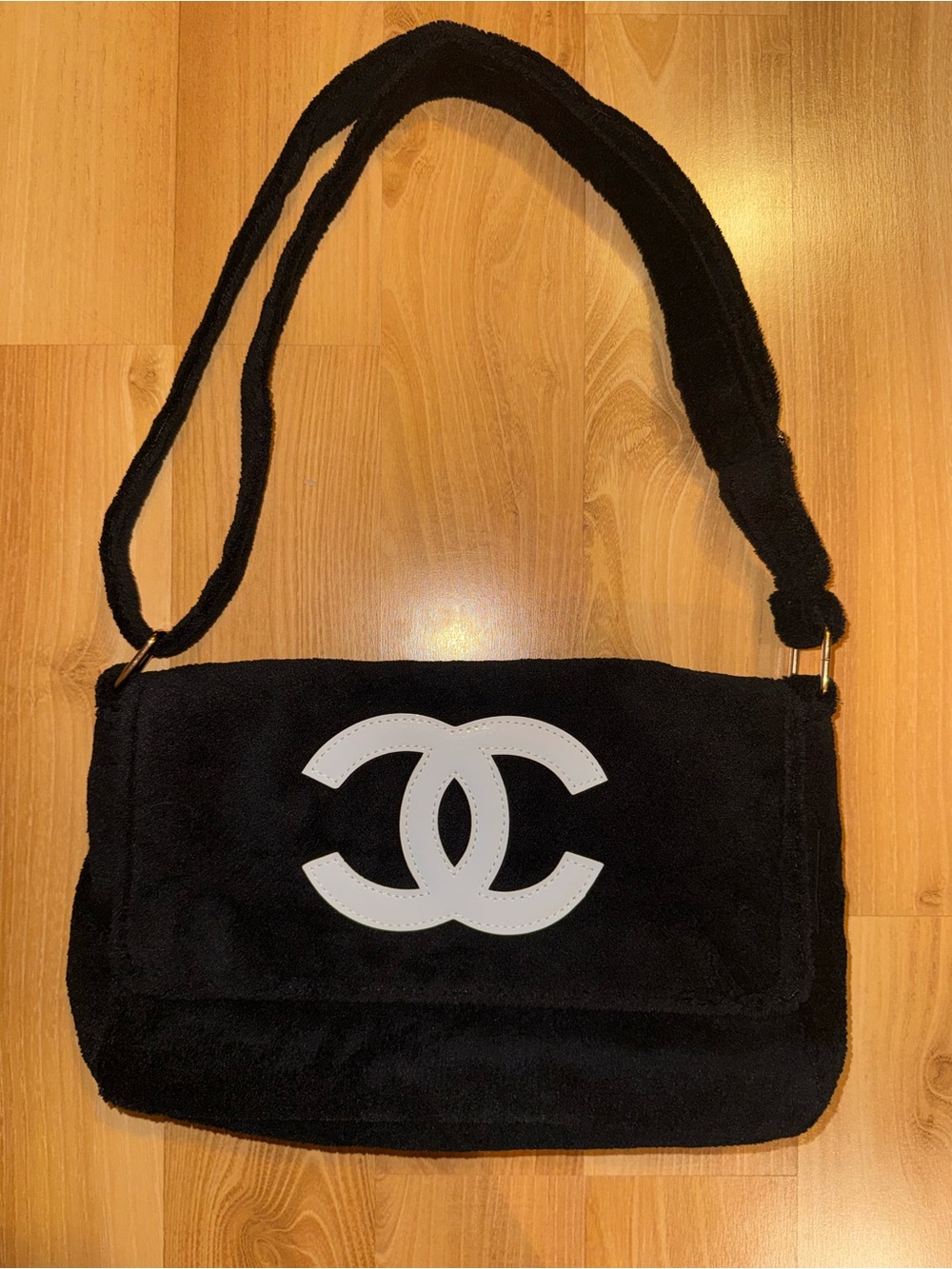 Chanel Black Velour Shoulder Flap Bag with White Logo
